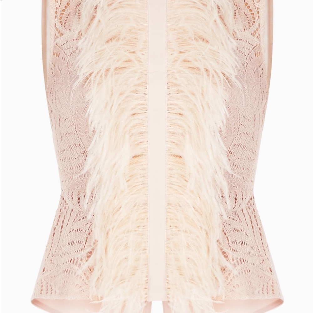 BCBG MaxAzria pink peacock feathered blouse